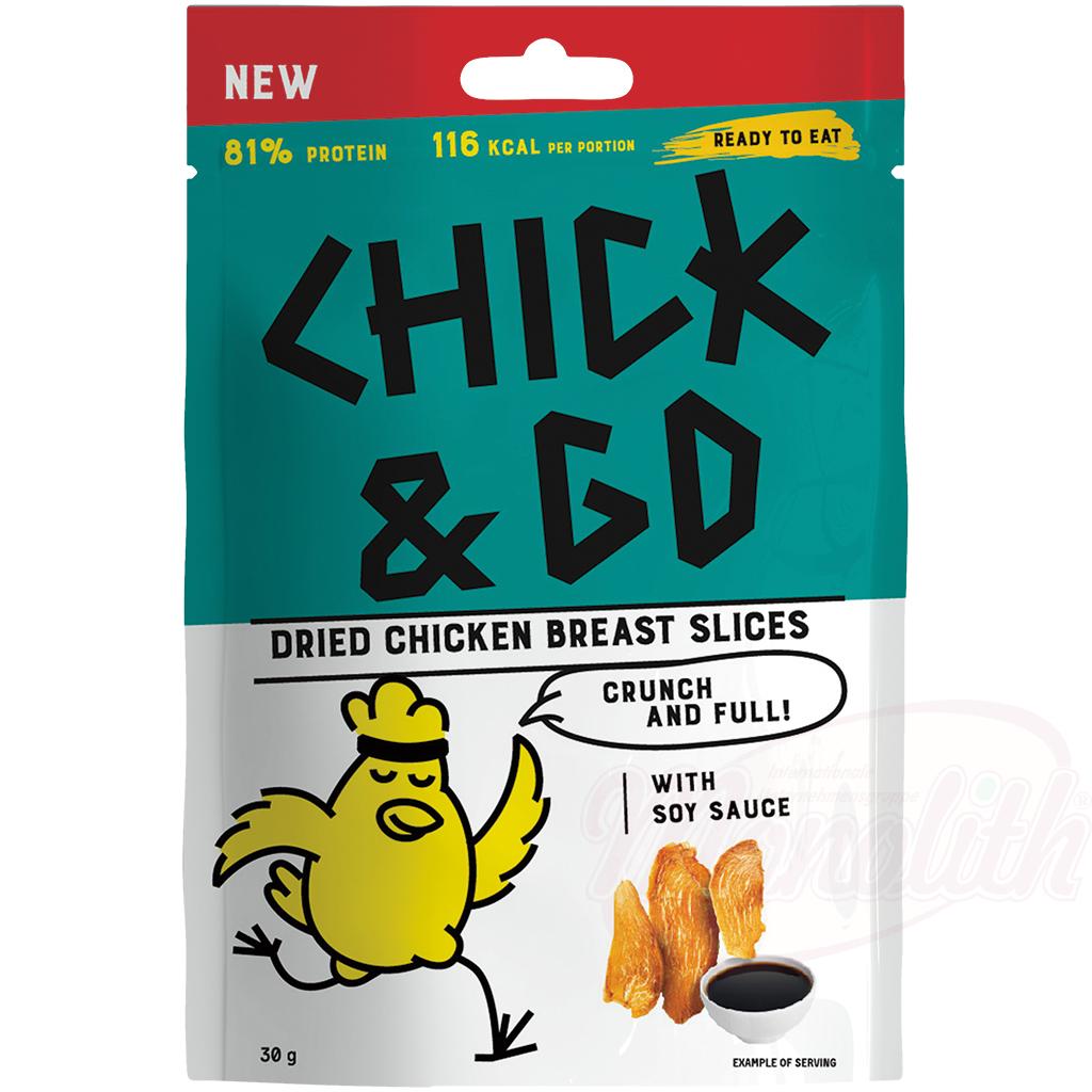 "CHICK & GO" Tranches de filet de poitrine de poulet séchées à la sauce soja. Avec du sucre et des édulcorants.-OURS MARKET